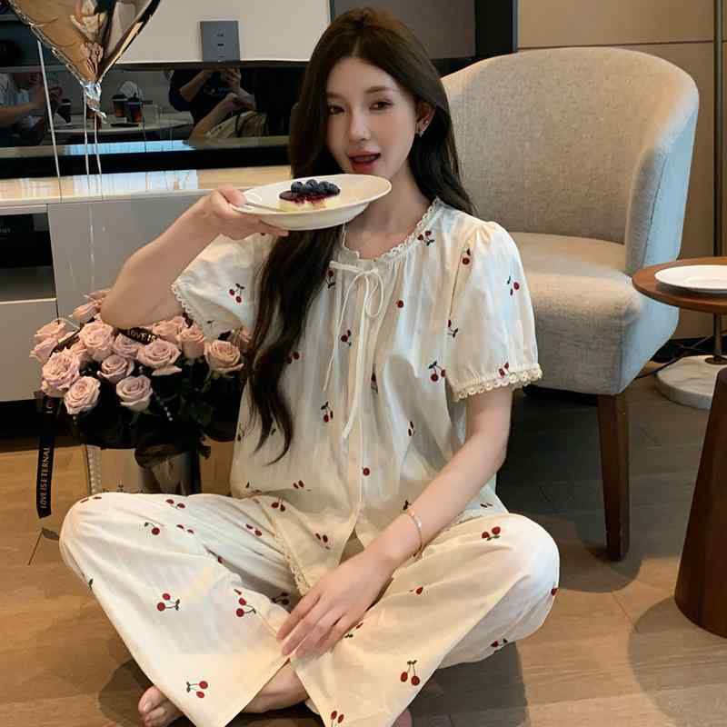 セットアップ レディース レース 秋冬 蝶結び パジャマ 春夏 プリント 涼しい 綿 かわいい 薄手 ルームウェア 快適 半袖長ズボン ラウンドネック ドット柄 部屋着 小さなサクランボ