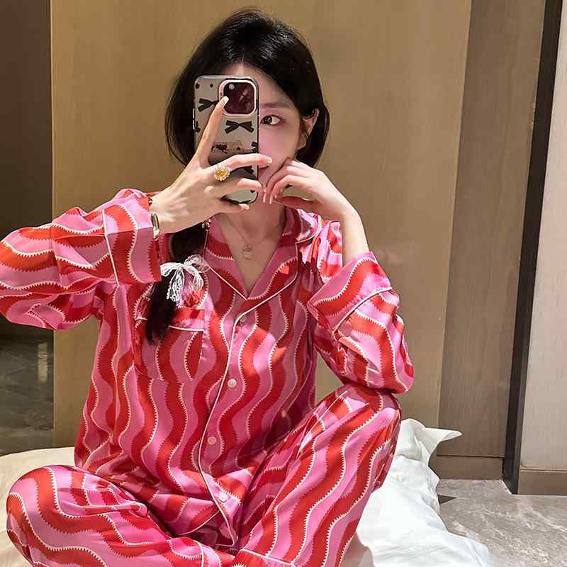 長袖 韓国風 寝間着 かわいい 部屋着 接触冷感 上下セット レディース 薄手 春秋 ストライプ ピンク系 ポリエステル パジャマ ルームウェア