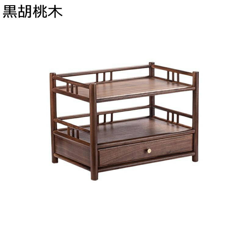 黒胡桃木 木製棚 2層 抽き出し 小物納める ティーポット納める棚 ティーカップホルダー 透かし彫り 自然的 雅びやか 今めかしい 付属物お盆 事務机上置き棚 紅茶お盆 部屋の入り口 お座敷 和室 卓上取り片づける