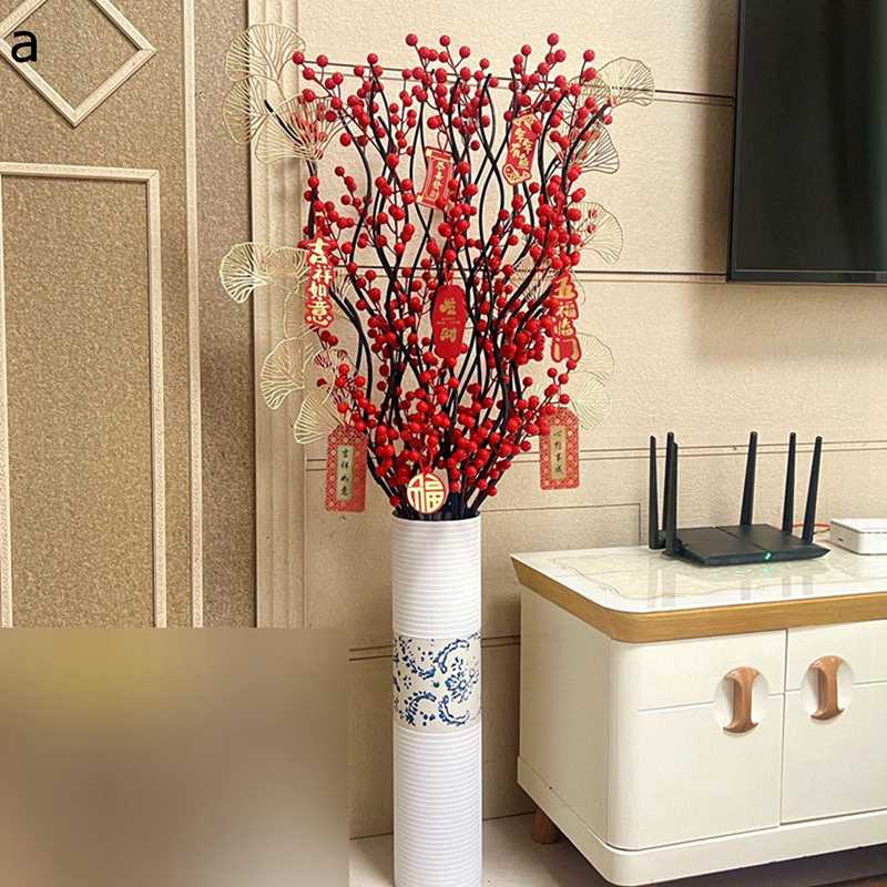 レッドベリー 造花 10本セット クリスマスベリー 人工造花 樹脂製ポット ユーカリ ヒイラギ 赤い実 クリスマスツリー装飾 冬 ウェディング ホームデコレーション お正月 赤い実 ベリー枝 新年お祝い 店舗飾り