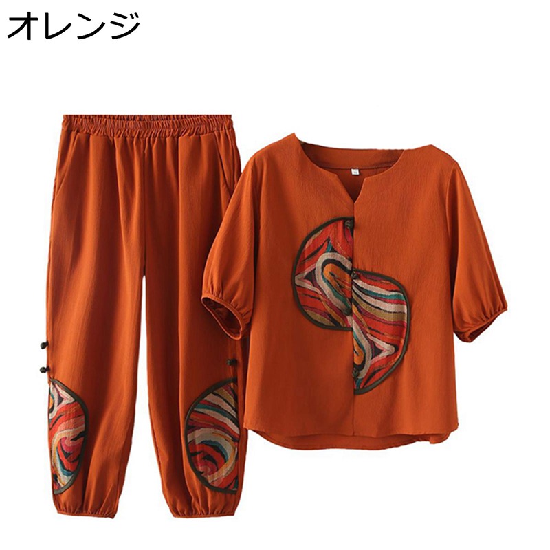 シニアファッション Tシャツ 半袖 上下セット 祖母 お年寄り 切り替え レディース チュニック ロングパンツ エスニック 綿麻 ゆったり 冷感 肌に優しい お出かけ リゾート 贈り物 母の日 春夏秋