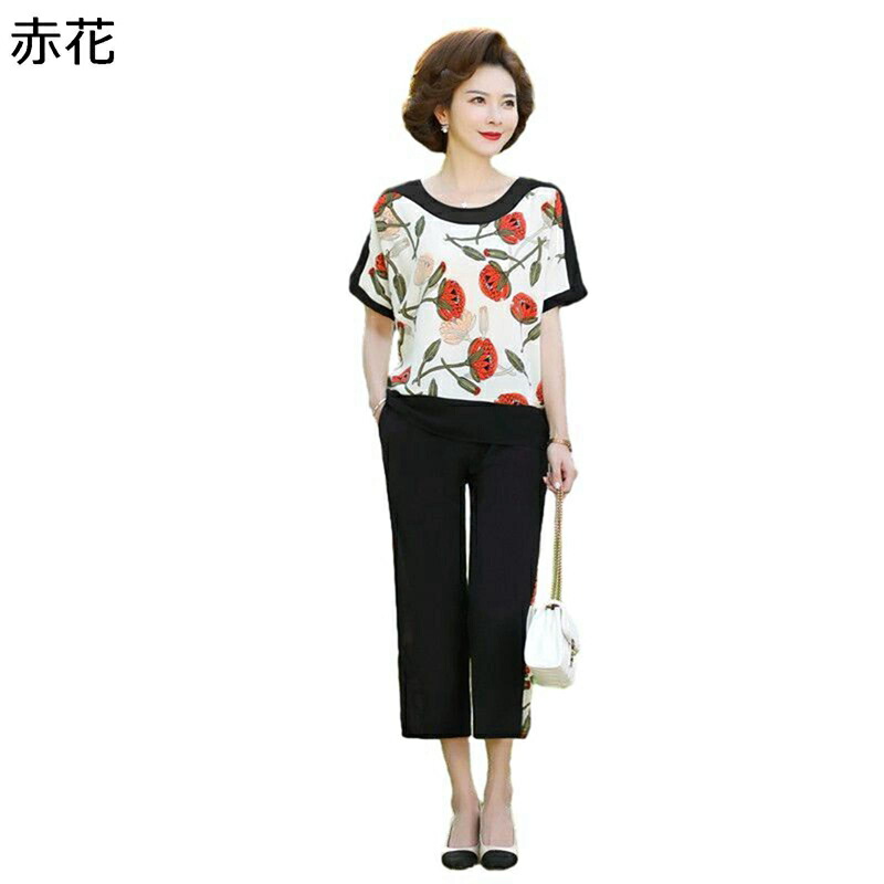 tシャツ レディース 上下セット 半袖 プルオーバー 切り替え 花柄 シフォン 婦人ブラウス 冷感 9分丈 ワイドパンツ ズボン シニア ママ 中高年 オシャレ 春夏服 ホーム お出かけ リゾート 60代 70代