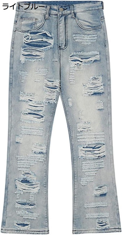 フレアパンツ ダメージジーンズ メンズ デニムパンツ クラッシュ ヴィンテージ ウォッシュ加工 シューカット ジーパン ゆったり ヒップホップ ストリート系 カジュアル ワイドデニム 男女兼用 欧米風 M~2XL