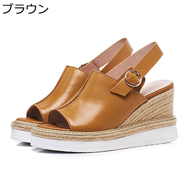 8.5cmヒール ウェッジソール サンダル レディース バックル 厚底 プラットフォーム ハイヒール レザー 牛革 ジュート底 春夏秋 トング 滑り止め カジュアル デート 普段 日常 通勤 通学