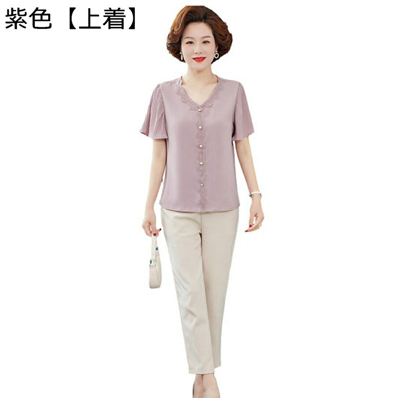 上下 セット tシャツ 半袖 プルオーバー 婦人ブラウス シフォン 無地 ロングパンツ 七分丈 高齢者 老人服 お婆ちゃん シニア 介護服 大きいサイズ サマー 通気性 涼しい お出かけ リゾート 50代 60代｜ニコニコ生活
