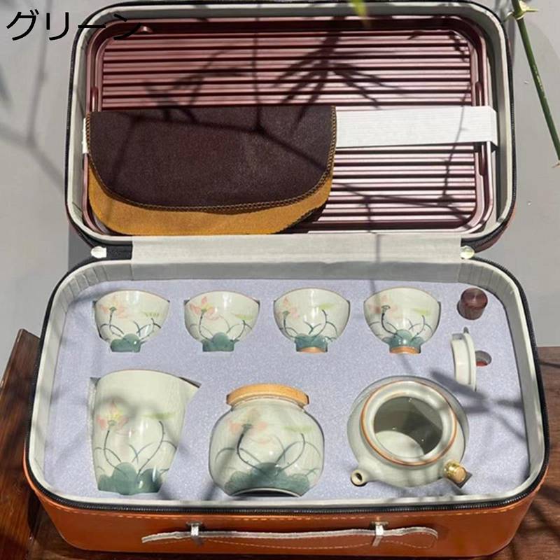 茶器セット 和風急須セット 手絵 蓮の花 花柄 木製ハンドル 4客セット ボックス付き 茶器乾燥ティートレー 公道コップ 旅行ティーセット 湯呑 茶皿 陶磁茶具 軽量 和風急須 携帯用 旅行用 お出かけ 自宅用