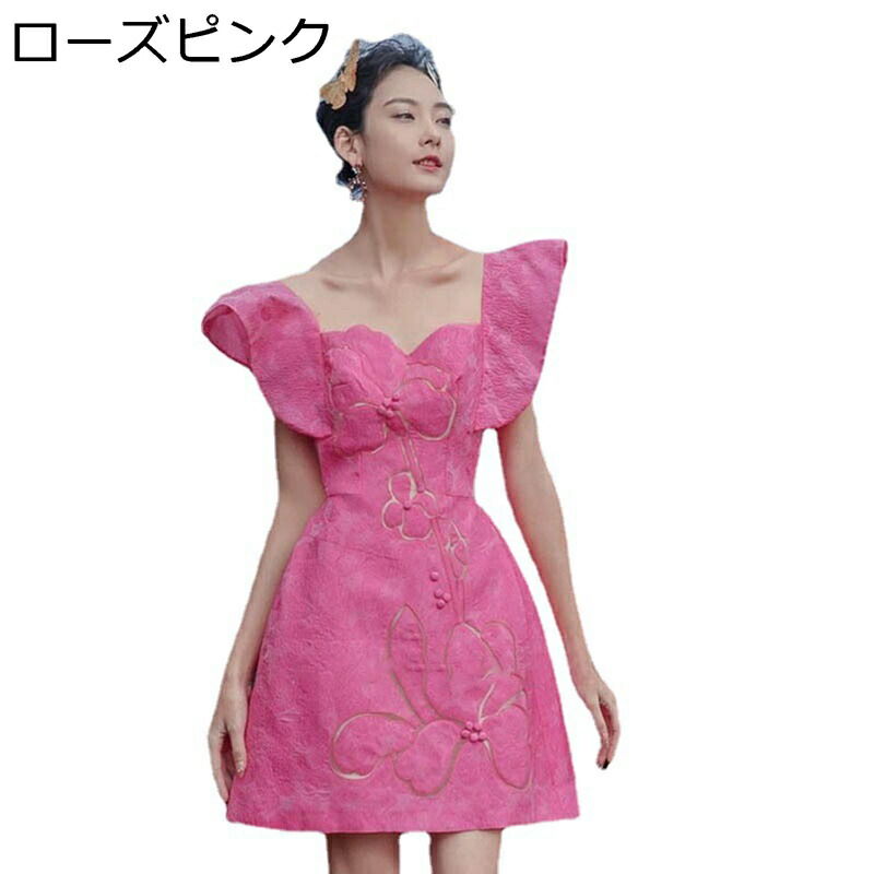 ミニワンピース パーティードレス 無袖 ノースリーブ レディース ピンク フリル袖 花刺繍 キャミソール Aライン 無地 ふわふわ感 かわいい 春夏服 セクシー ミニスカート 二次会 デート 披露宴