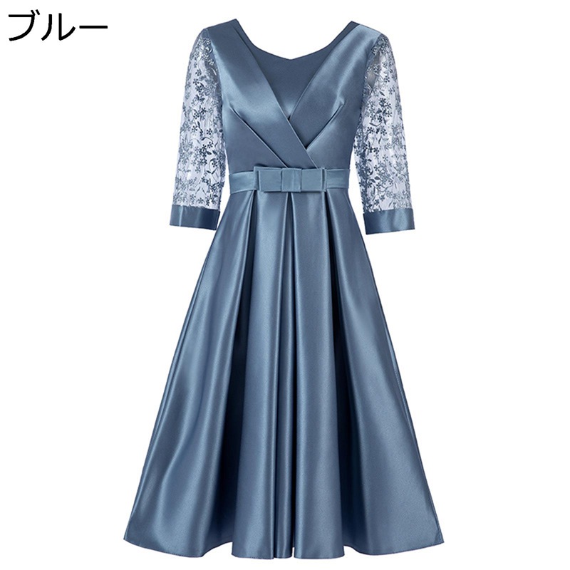 ママドレス ワンピース レディース パーティー 結婚式 S-3XL シルク ミモレ丈 5分袖 レース 丸首 大きいサイズ ビジネスドレス 着痩せ ワンピ 宴会 二次会 披露宴 Aライン 20代 30代 40代 50代