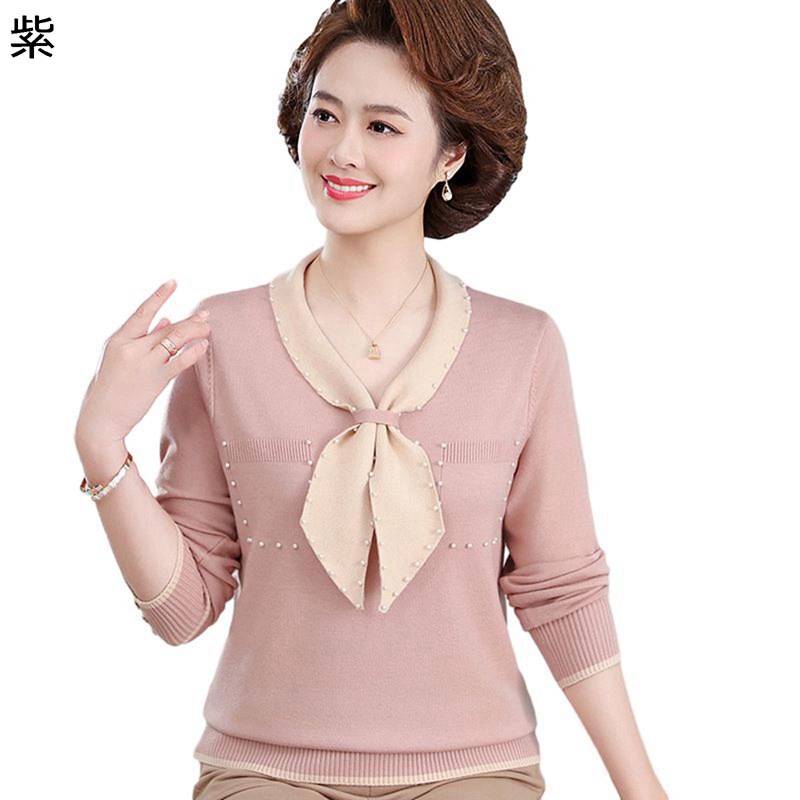 長袖カットソー セーター ネッカチーフ パール Vネック 春着 秋服 お母さん シニア 高齢者 シンプル ストレッチ 通気 カジュアル 年寄り きれいめ 優雅 着痩せ 40代50代60代70代