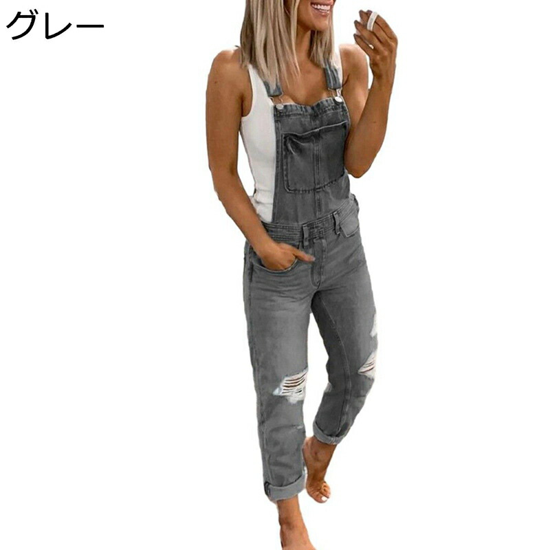 破れたジーンズ サロペットパンツ レディース オールインワン つなぎ ゆったり デニム ファッション オーバーオール サロペット ロング丈 カジュアル ストレッチ 体型カバー 夏 大きいサイズ