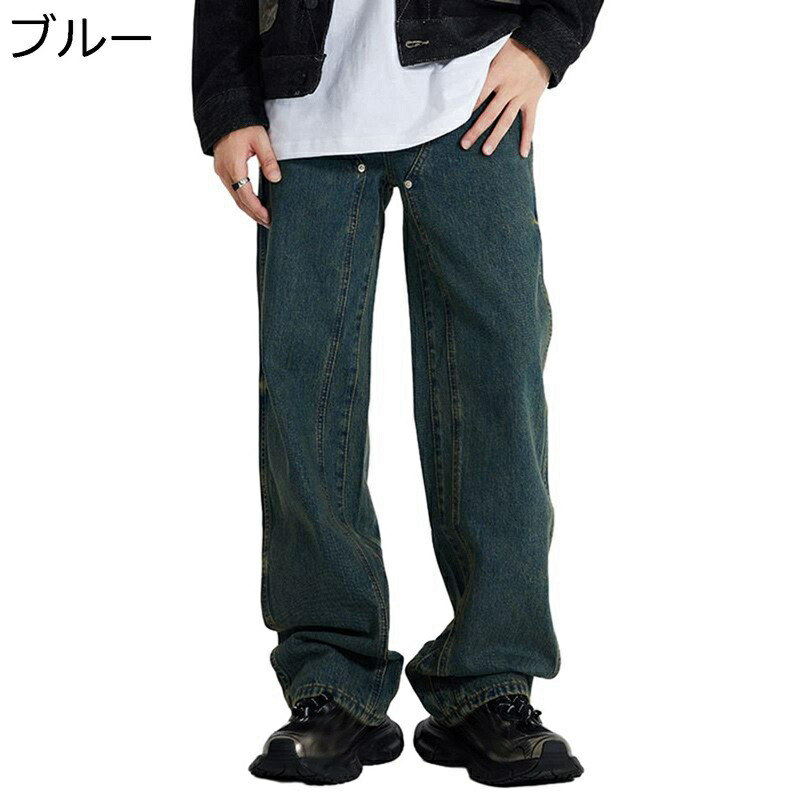 デニム パンツ メンズジーンズ ゆったり レトロ アメカジ ストリート系 ワイド Gパン 長ズボン ライダース トラベル 作業服 カジュアルパンツ パッチワーク ウォッシュ加工 バイカージーンズ