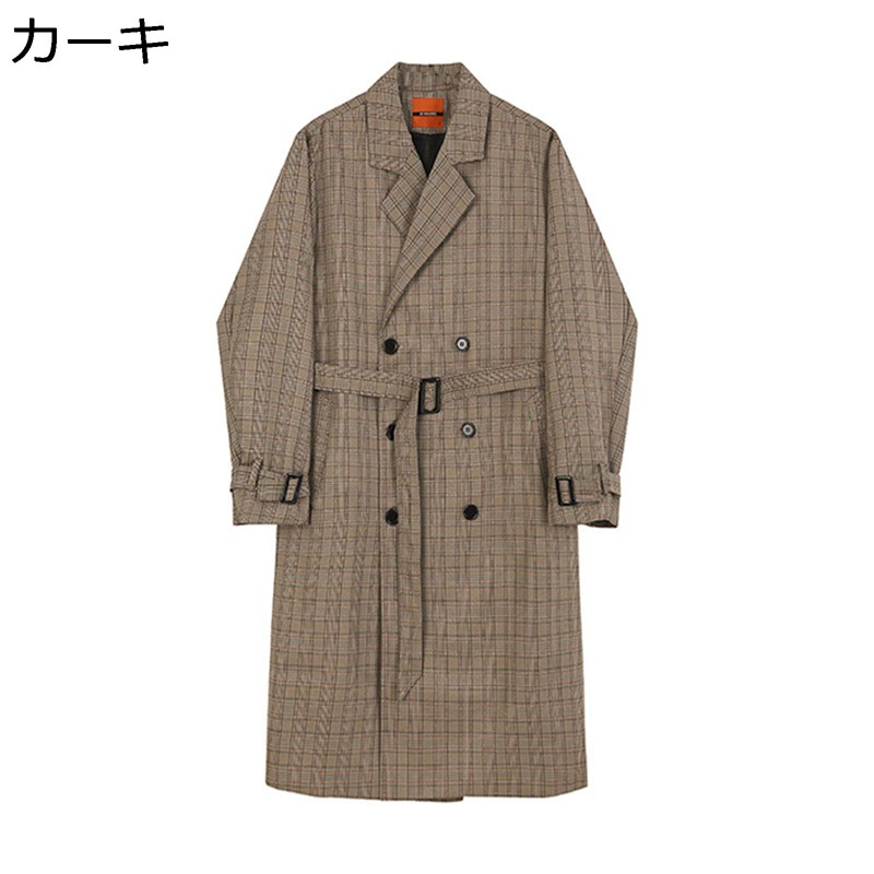 トレンチコート メンズ オシャレ チェック柄 スプリングコート ロング丈 カジュアル アウター ダブルブレスト ベルト付き 長袖 春服 アウター トップス 薄手 防風 オシャレ かっこいい|ニコニコ生活