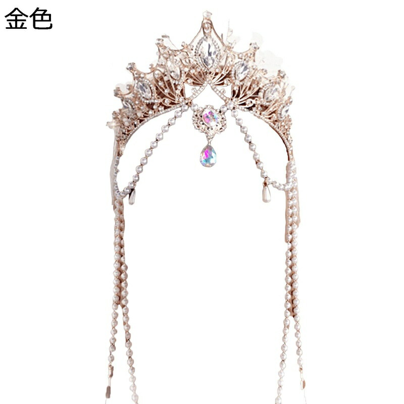王冠 カチューシャ 光輪 ロリータ 髪飾り お姫様 花嫁 華麗 Lolita 女神 パールタッセル 金色 ゴールド ヘアアクセサリー 結婚式 派手 手作り 仮装 コスプレ ハロウィン 撮影道具 結婚式 合金 舞台