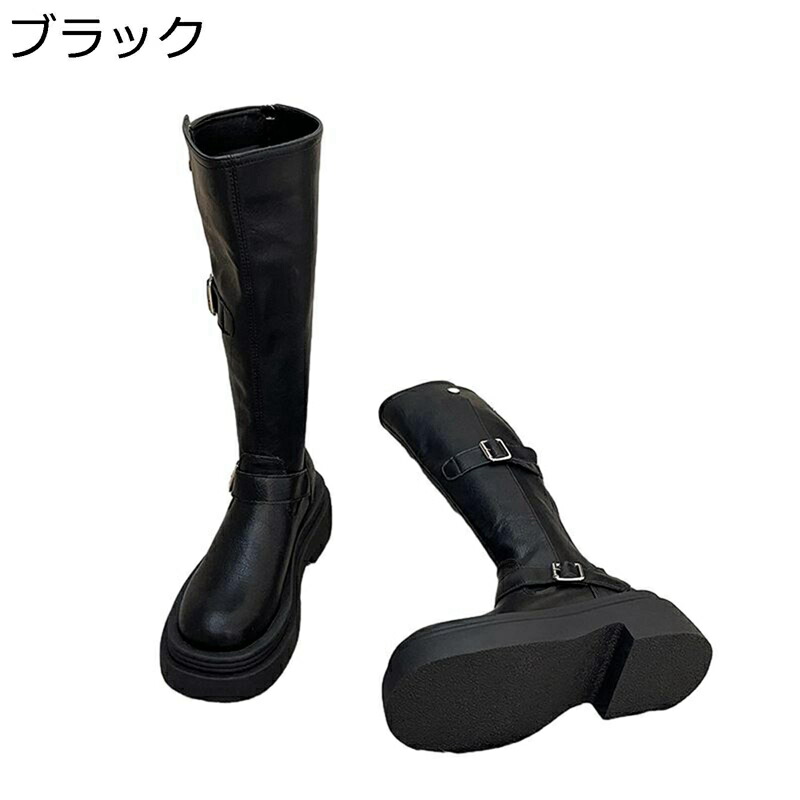 膝高 ロングブーツ レディース 厚底 ジョッキーブーツ 7.5cm太めヒール 袴ブーツ 秋冬春 バックジップ ダブルベルト 細見え 痩せ 滑り止め ソフト かわいい ガーリー パーティー 通勤 演出 長靴｜ニコニコ生活