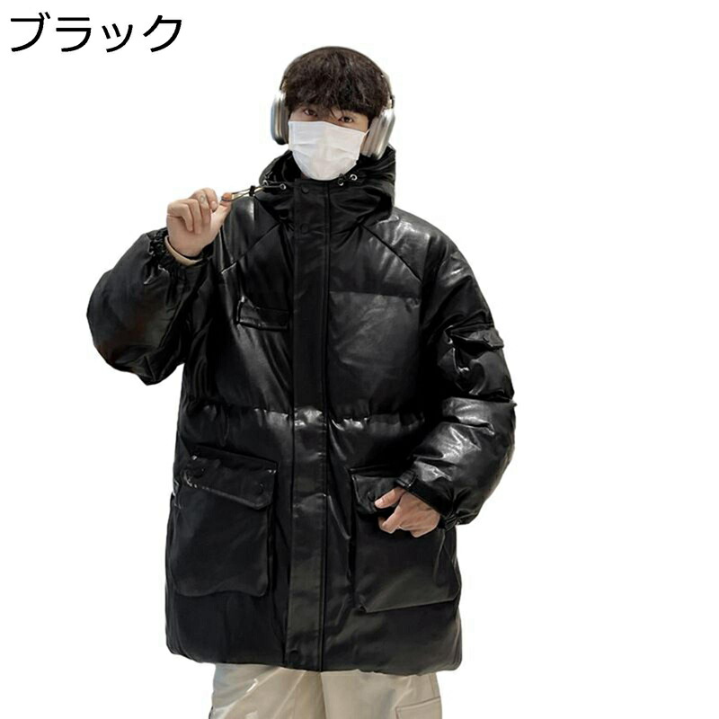 中綿ジャケット メンズ PUレザージャケット 冬 おしゃれ レトロ 綿服 アウター 厚手 フード付き ゆったり 秋冬 保温 防寒コート カジュアル アウトドアグ 中綿ブルゾン 大きいサイズ