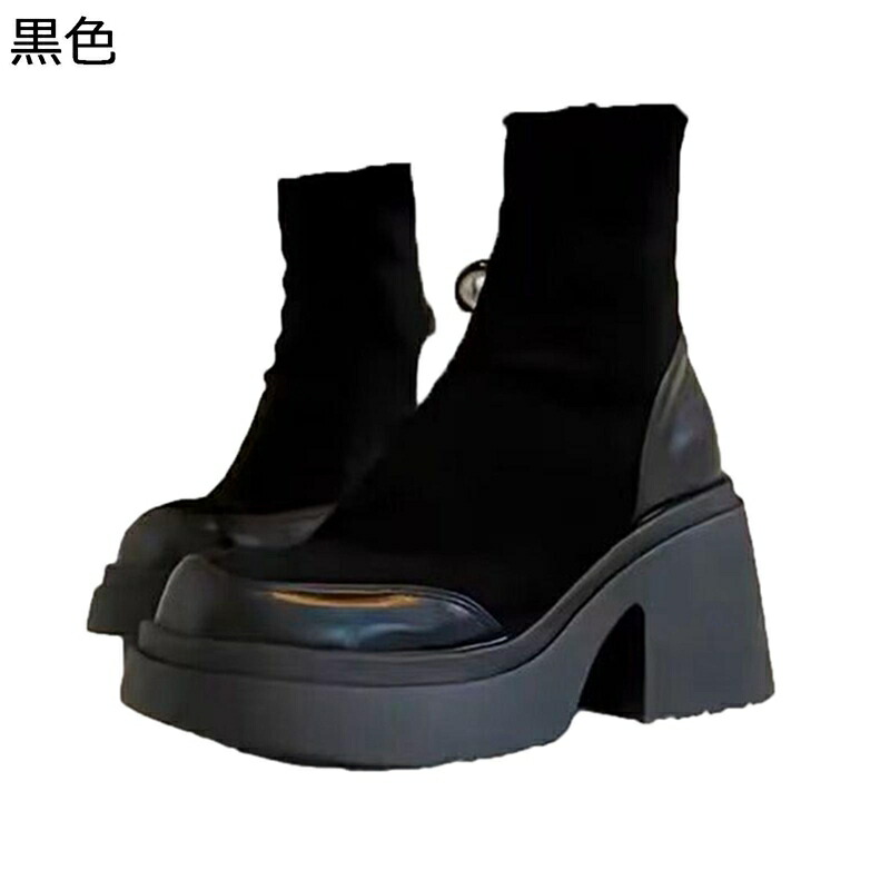 ソックスブーツ ハイヒール8cm 粗いかかと スエード ストレッチ ショートブーツ レディース ブーティ ハイヒール 厚底 秋靴 冬靴 歩きやすい 快適 オシャレ ファッション コンフォート 女子力 ブラック