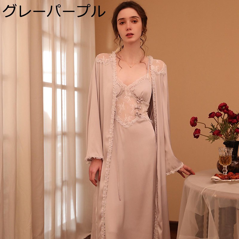 キャミワンピース レース ネグリジェ レディース ロングワンピース パジャマ ナイトドレス サンバック レーススリップ ナイトガウン ローブ キャミソール 2点セット サテン シルク風 エレガント セクシー 蝶?び