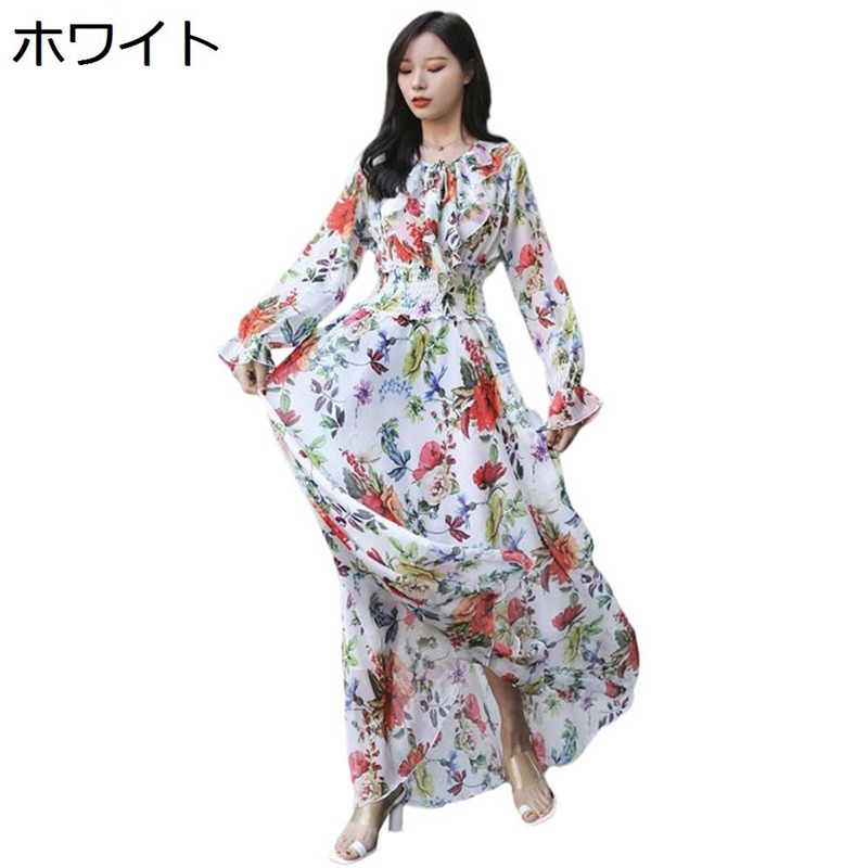 ワンピース ドレス レディース 花柄 レトロ 春夏秋 ゆったり Vネック Aライン ミモレ丈 リボン付き フレア 長袖 焼け止め 通気 薄い 涼しい ワンピ 爽やか 着回し アウトドア 旅行 お散歩 カジュアル オシャレ