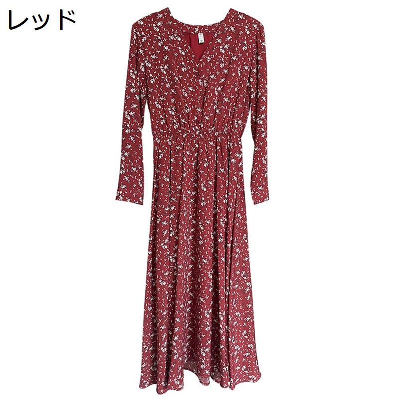 レディースドレス 花柄ワンピース ゆったり Aライン 通気 長袖 薄手 シフォン ミモレ 春夏秋 Vネック ヴィンテージ 長袖 お出かけ デート ワンピ コーデやすい ストリート 韓国風 カジュアル|ニコニコ生活