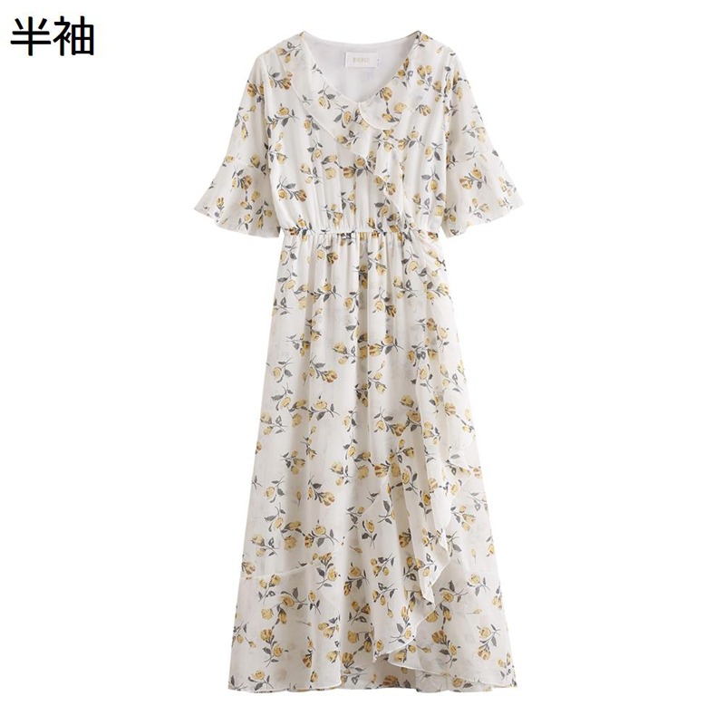 花柄ワンピース レディース Vネック フレアドレス ふんわり リラックス 半袖 春 夏 薄い ロングドレス 通気性 フリル ワンピ ハイウエスト お出かけ カジュアル ストリート コーディネート