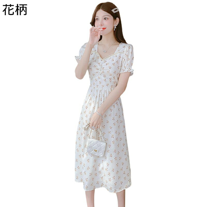 ワンピース ミモレ丈 花柄 シフォン カシュクール 半袖 フリル 可愛い クラブドレス vネック グラマラス 韓国 レディース 春夏秋 ボディコン 軽量 薄手 ハイウエスト お呼ばれ クラブ ドレス フェミニン