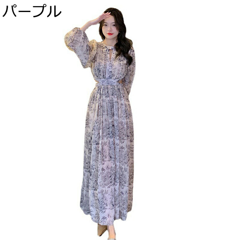マキシ丈ワンピース レディース 春夏秋 長袖 スリットワンピース 花柄 シフォン 体型カバー 薄手 着痩せ aライン 大人 韓国風 おしゃれ エレガント 旅行 お呼ばれ 女子会 飲み会 花火大会