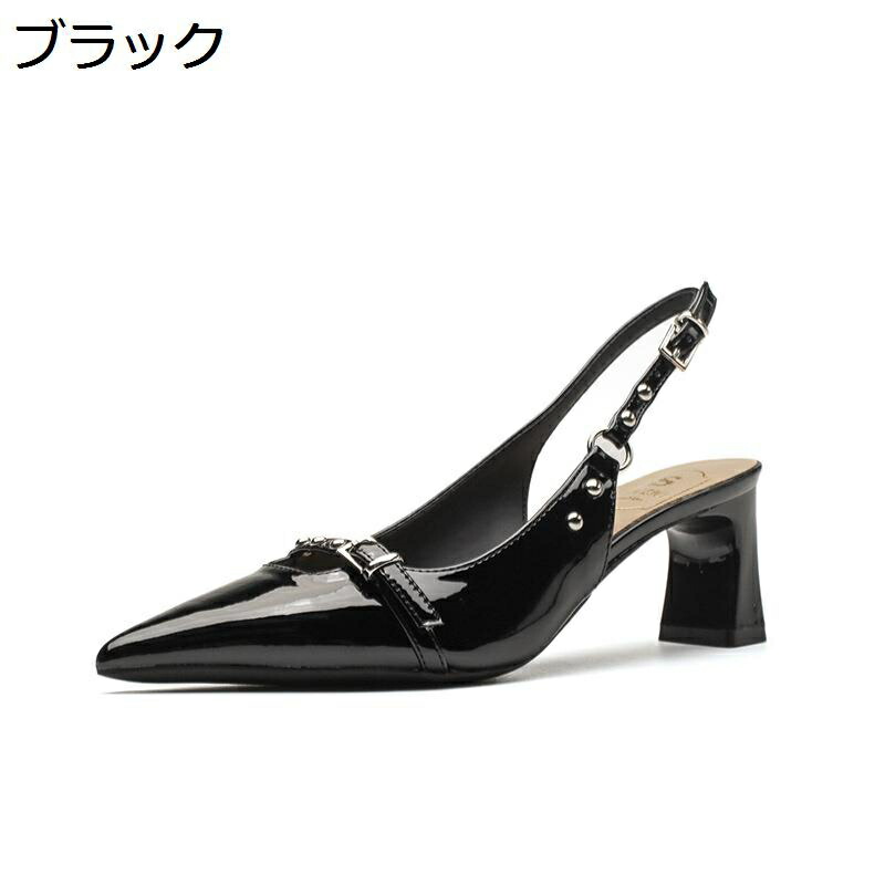 リベッ トバックル パンプス ポインテッドトゥ バックストラップ ハイヒール 6.5cm 太ヒール レディース ポインテッド ストラップサンダル 通勤 スエード ブラック 結婚式 靴 歩きやすい 夏