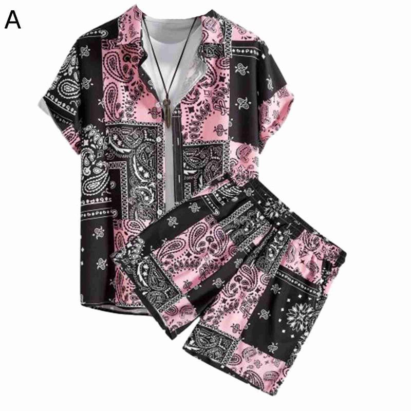 ハワイシャツ 2XS-6XL 大きいサイズ ペイズリー柄 パッチワーク 夏服 メンズ ショートパンツ 上下セット 3色 アロハシャツ カジュアルシャツ アロハ風 カジュアル 薄手 軽量 男性 ボーイズ リゾート ビーチ 普段着