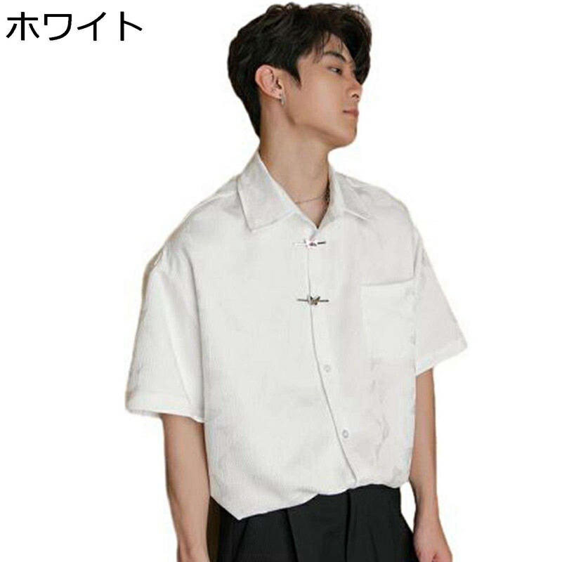 シャツ メンズ 蝶柄 金属バックル カジュアルシャツ 中華服 半袖 開襟シャツ チャイナボタン ポケット付き 夏服 折り襟 ルーズ オールシーズン チャイナ服 チャイナ風 トップス 上着 温泉 夏祭り ウェディング