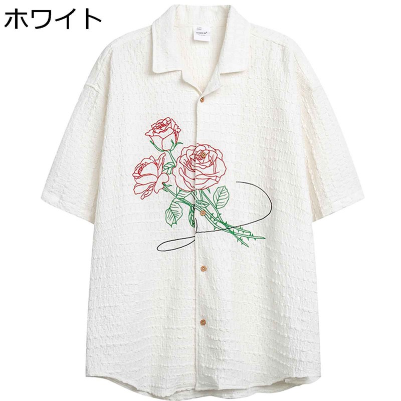 半袖プルオーバー メンズ 心地好いプルオーバー ローズ柄刺しゅう ジャカード織 夏時 開けっ広げ色つや 中長丈 シャツアウター 薄べったい 軽さ 有りの実ルック 通気速乾 分かりやすい INS風 オシャレ デイリー アウトドア