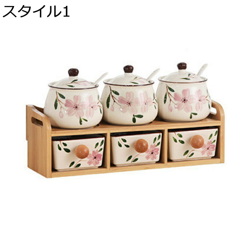 調味料入れ 桜柄 和風 7点書き割り 2層 木製の仕合わせ 瀬戸もの 調味料壜 調味料ストッカー 白砂糖ポット 刀圭付き添い人 スパイスジャー 塩ポット 黒コショウ 味料ポット 調味料容れもの 味付け缶 調味料保護すること入れもの