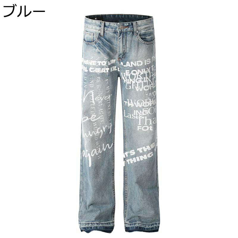 デニムパンツ メンズ ワイドパンツ カッコイイ 英字柄 プリント ストレートフィット ゆったり おしゃれ ファスナー付き ジーンズ カジュアル 着痩せ 形態安定 爽やか 普段着 日常着用 散歩