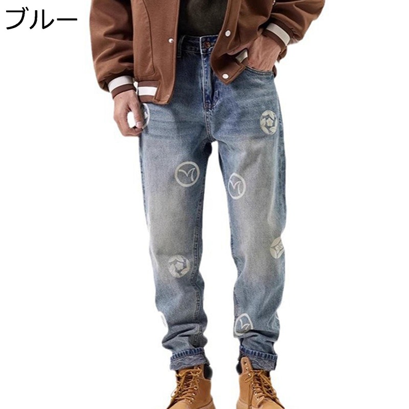 デニムパンツ メンズ 長ズボン ジーンズ プリント ファッション カジュアル ストレートパンツ ストリート ゆったり ファスナー付き オールシーズン ベーシック 街着 プレゼント 日常着用 トラベル