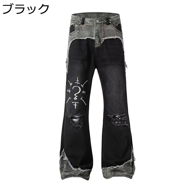 デニムパンツ ダメージジーンズ メンズ 長ズボン グラフィティ プリント ストレートパンツ ファッション カジュアル ストリート ファスナー付き スプライス カッコイイ 個性 オールシーズン パーティー お出掛け 若者