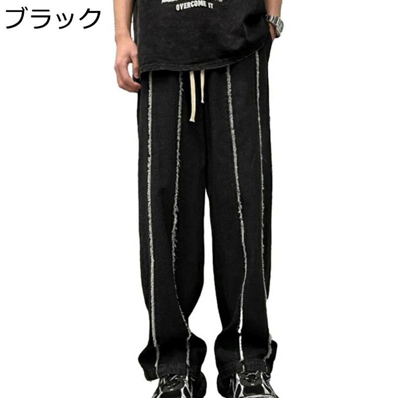 デニムパンツ ワイド ロングパンツ メンズ 縦ライン Gパン ボトムス カジュアル ルーズ ビックサイズ クラッシュ 動きやすい トレンド かっこいい 個性 hip hop 春物 秋冬 オートバイ 紳士用