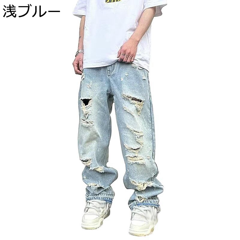 デニムパンツ ロングパンツ メンズ ストレート ジーンズ ダメージ加工 ワイド 長ズボン 大きいサイズ ゆったり アウトドア スポーティー ベーシック お洒落 オリジナル 春秋冬 バイク リペア加工
