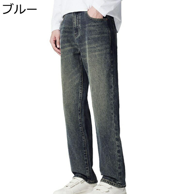 デニムパンツ ジーンズパンツ ワイドパンツ ロング メンズ ストレート 大人 男子 ボトムス レトロ 大きいサイズ ゆったり へやぎ 厚い 立体裁断 お洒落 オリジナル 春夏秋冬 バイク リペア加工