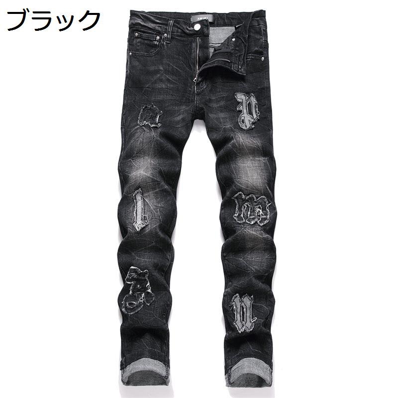 ジーンズ ダメージ ジーパン メンズ デニムパンツ スキニー アップリケ スリム ロングパンツ お洒落 オリジナル 夏用 春秋 長ズボン 復刻 アメカジ 大人 男子 ベーシック 立体裁断 定番 モード系