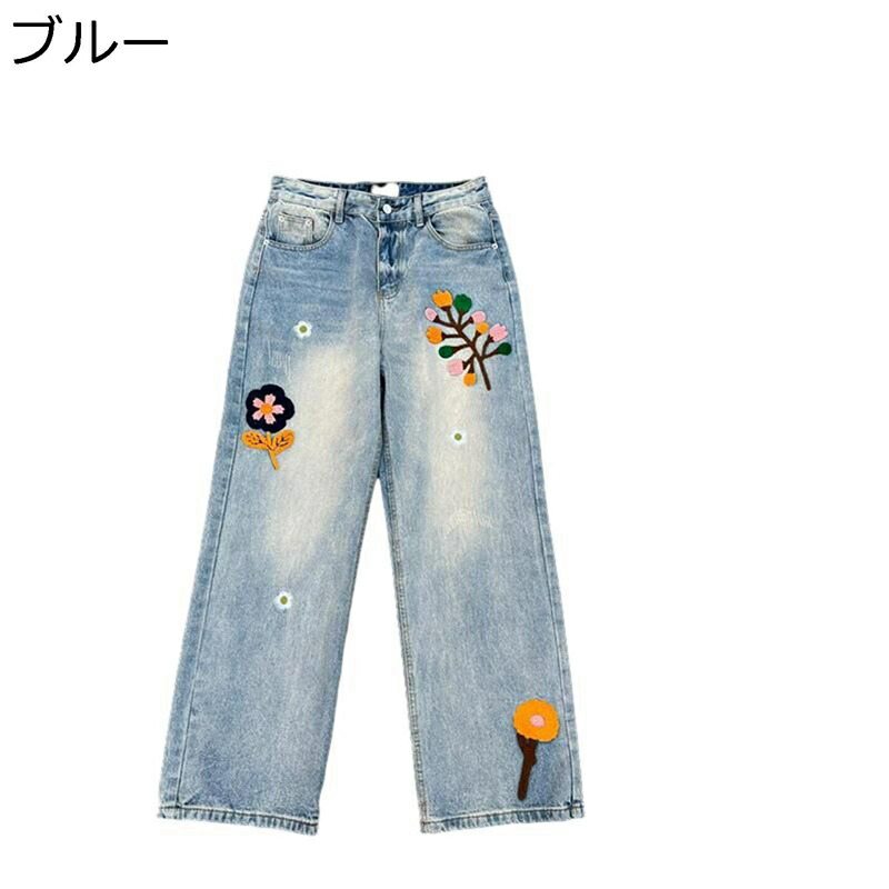 ジーンズ デニム 花柄 刺繍 メンズ レディース ルーズ デニムパンツ Gパン 原宿系 かわいい ジーパン ウォッシュ加工 レトロ よい肌触り 丈夫 長持ち ワイドパンツ ロング丈 春夏秋 お出掛け ズボン