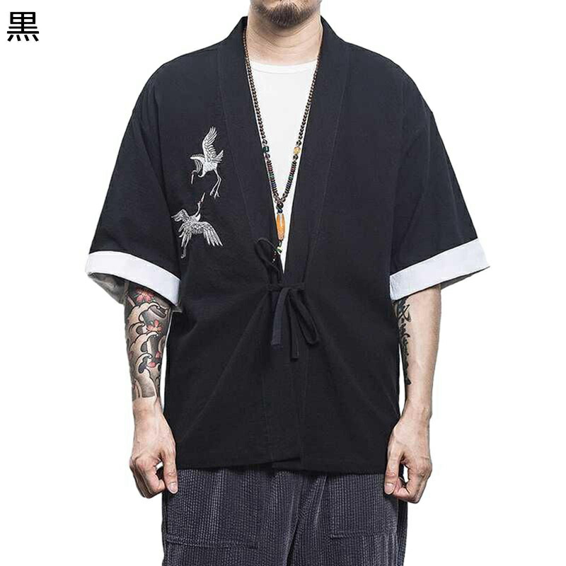 カーディガン メンズ 鶴柄刺繍飾り 作務衣 甚平 夏服 開襟シャツ 和式パーカー 七分袖 和風 羽織 カジュアルトップス ゆったり オールシーズン 着物 花火大会/コスプレ/お祭り/日常 日除け 男女兼用