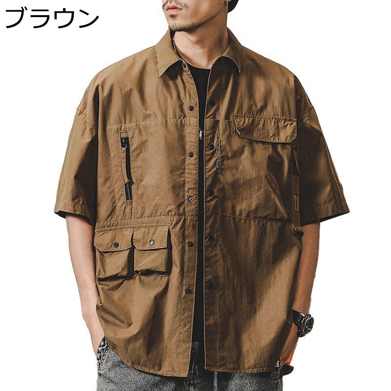 ワークシャツ 半袖 メンズ カジュアルシャツ 作業服 上着 折り襟 カーディガン 軽量 ミリタリー風 ライトアウター 通気性 ゆったり ファッション ストリート系 夏