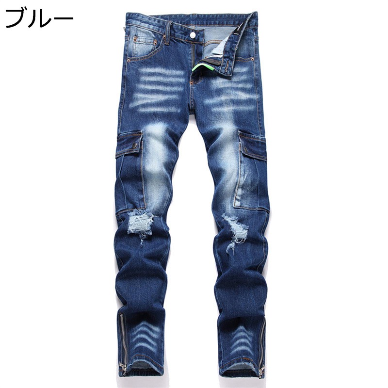ジーンズ ダメージ加工 メンズ デニムパンツ 細見 スキニー マルチポケット ロングパンツ かっこいい 個性 hip hop 春夏秋 ボトムス バイカージーンズ ベーシック 立体裁断 かっこいい お洒落