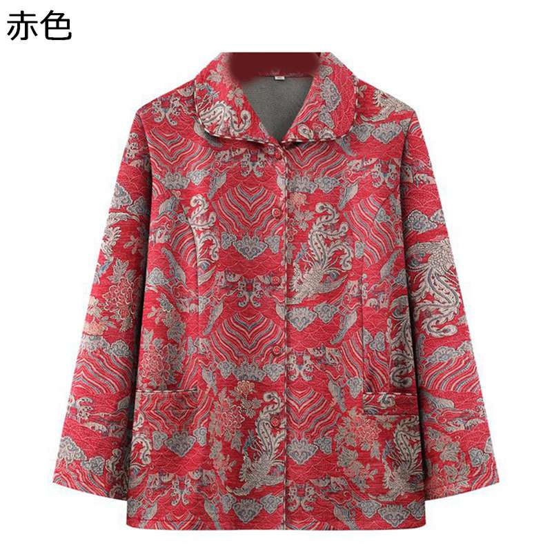 高齢者 前開きブラウス 鳳凰柄 開襟シャツ 長袖 レディース 中高年 婦人服 折り襟 ジャケット ボタンダウン ゆったり 春夏服 綿 お出かけ リゾート チャイナ風 カジュアル 40代 50代