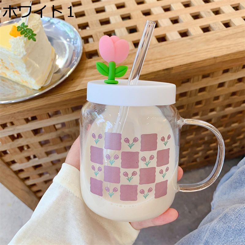 ガラスボトル 水筒 お花 ウォーターボトル 蓋付き 直飲み クリア ストロー フラワー 水分補給 保冷 保温 無鉛 耐衝撃性 携帯便利 オシャレ かわいい 女性用 学生 通勤 散歩 勤務先 部屋用