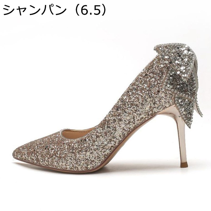 ウエディングシューズ スパンコール 靴 ハイヒール ピンヒール レディースシューズ ハイヒールパンプス キラキラ リボン フェミニン ポインテッドトゥ 結婚式 花嫁 披露宴 お呼ばれ 謝恩会