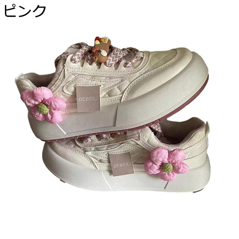 レディース スニーカー 厚底靴 花飾り スポーツシューズランニングシューズ 運動靴 可愛い ローカット 身長アップ カジュアルシューズ 歩きやすい やわらか 切り替え 軽量 快適 便利
