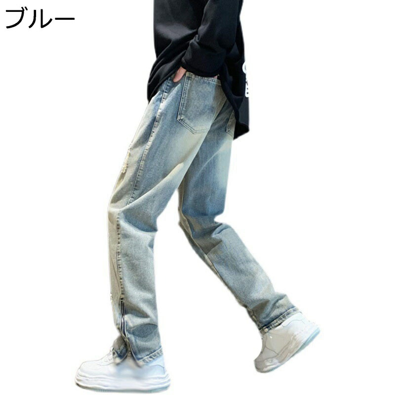 デニムパンツ Gパン メンズ 大きめ キングサイズ ビンテージ ウォッシュ加工 ストレート 紳士用 ボトム ロングパンツ 大人 かっこいい 個性 hiphop ベーシック サイドジップ 春夏秋 ビター系 アメカジ