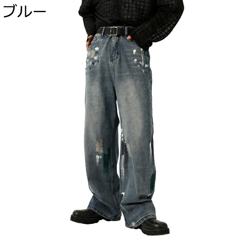 デニムパンツ ジーパン メンズ 大きいサイズ ゆったり 男性 ロングパンツ ワイドデニム 大人 ストリート系 ダメージ加工 ビンテージ カッコイイ レギュラー リラックス オールシーズン バイカージーンズ