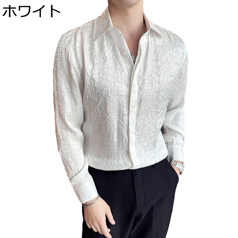 長袖シャツ メンズ リブ ジャカード織 カジュアルシャツ 光沢感 開襟 おしゃれ 韓国 ファッション 春着 秋服 おしゃれ 着痩せ 羽織り 柔らか 肌にやさしい 学生 通勤 ホスト系 お兄系 白 黒 緑