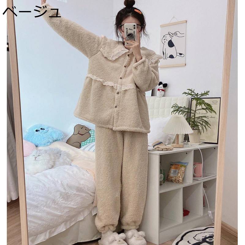 レディース パジャマ フランネル 上下セット 厚手 フリル ルームウェア 姫系 部屋着 ボタン ロングパンツ かわいい 春秋 冬用 無地 保温 おそろい 日常 大きいサイズ 萌え萌え 寝間着 ナイトウェア
